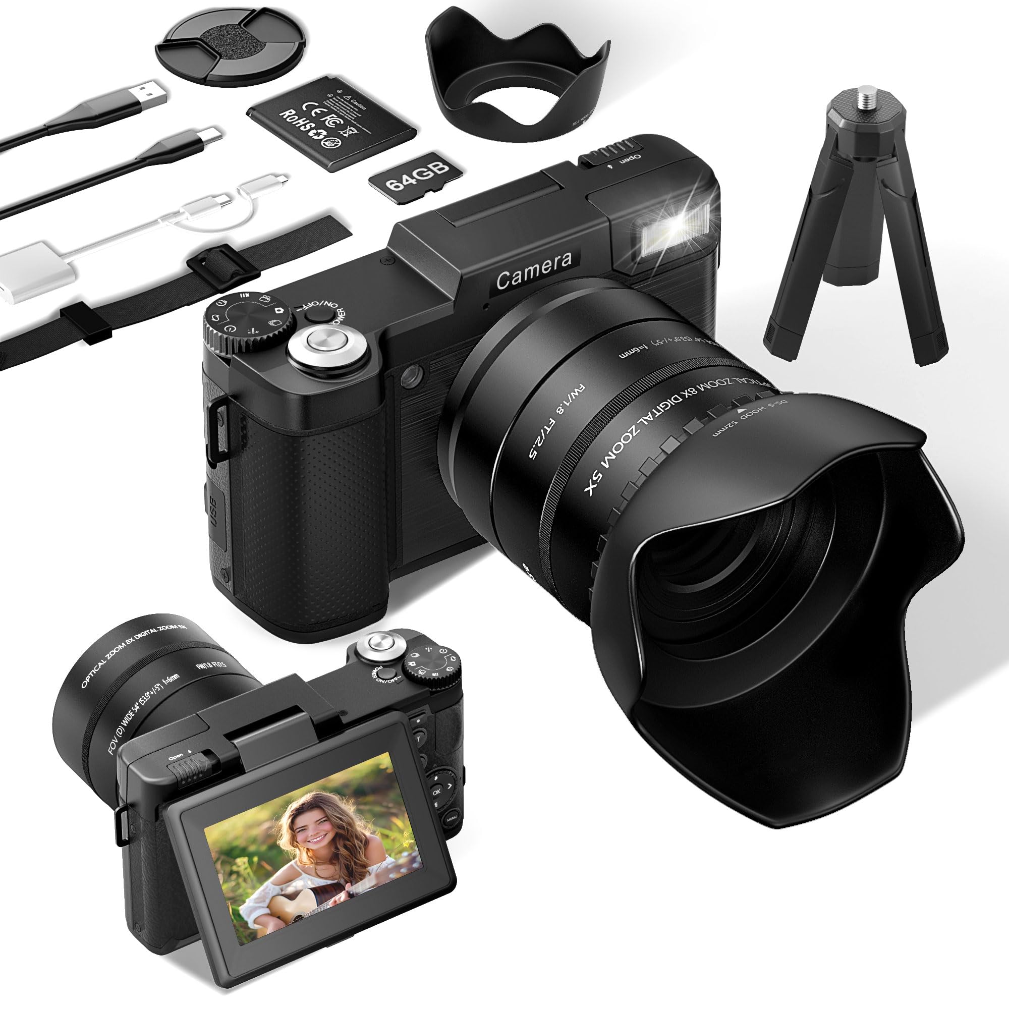 FLATIC 6K Digital Camera 75MP Cameras for Photography with 8X Optical Zoom Tripod Anti-Shake Vlogging Camera with 3
