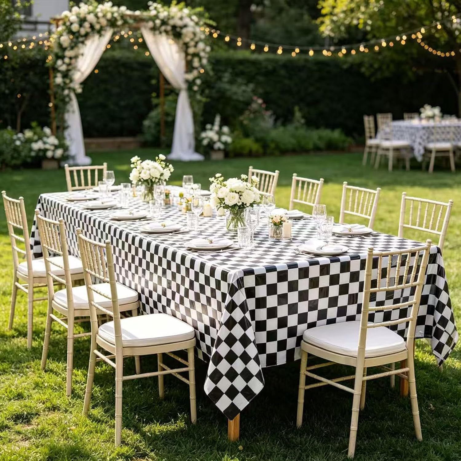 2 Packs Black and White Checkered Tablecloths 54 x 108Inches Disposable Plastic Checkered Flag Racing Table Cover Waterproof Rectangle Race Car Table Cloth for Parties,Birthday，Outdoor Picnic