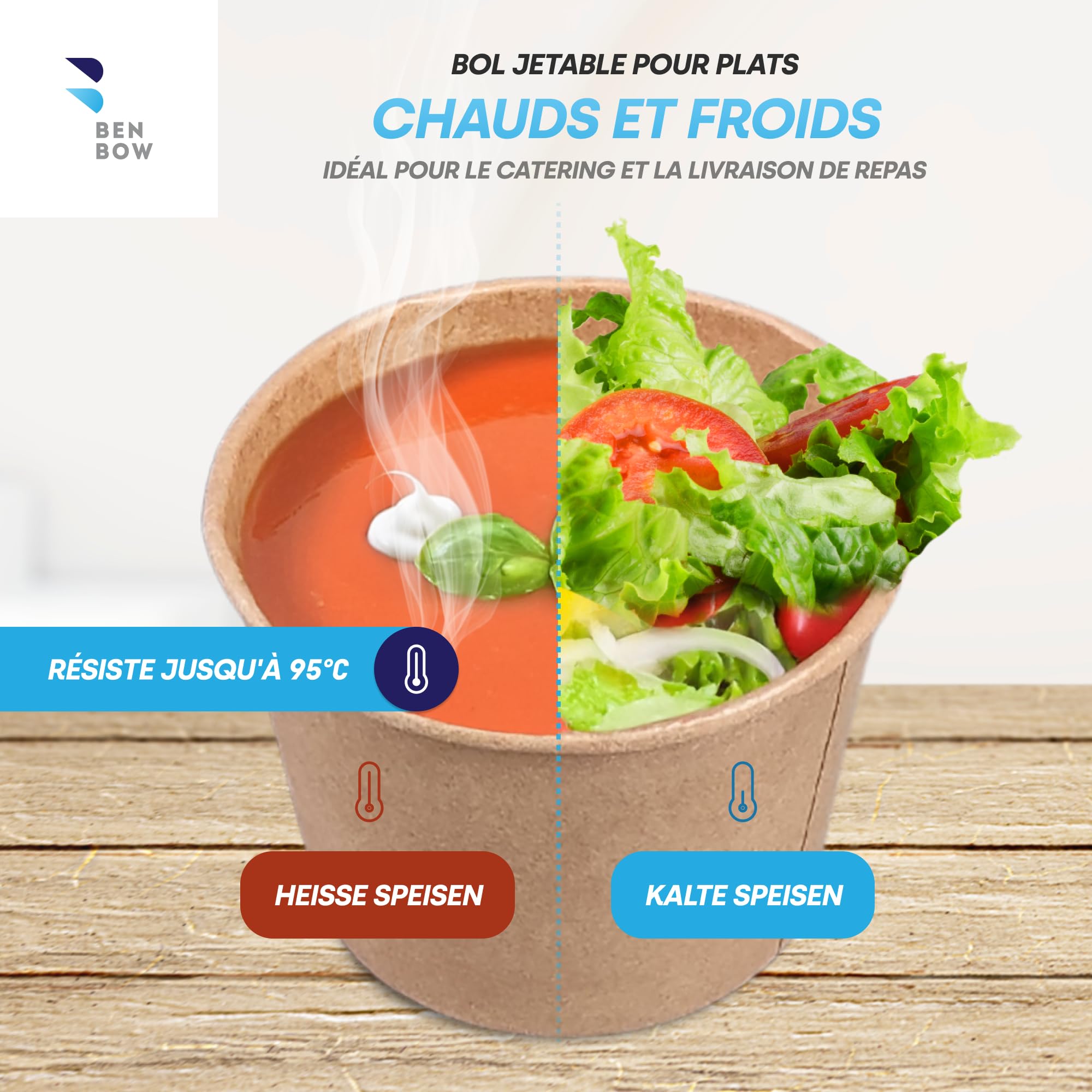BenBow - Conteneur jetable en papier kraft avec couvercle 500 x 350 ml convient aux plats chauds et froids et aux soupes hermétique ne fuit pas carton - conditionnement c'est parfait pour le transport