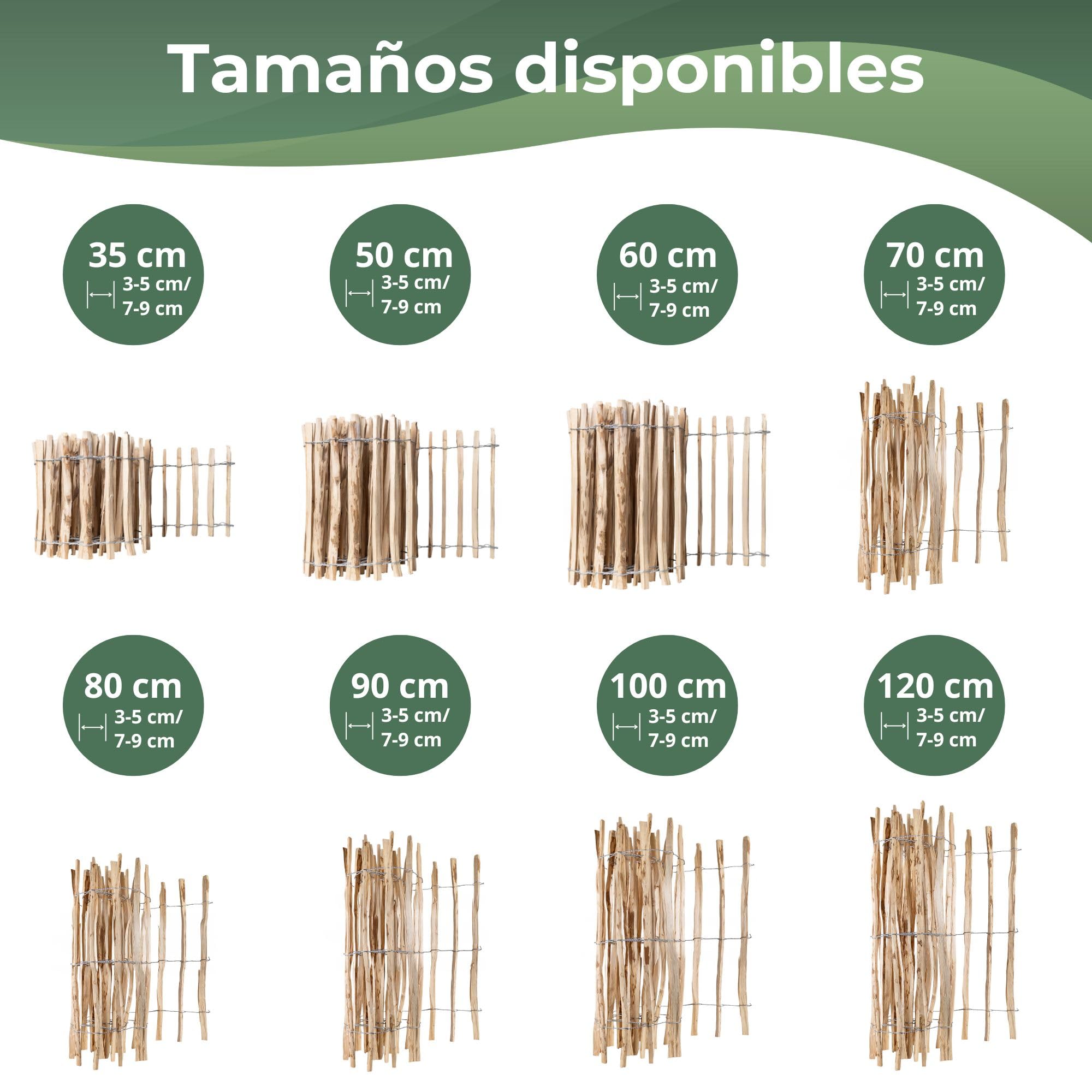 Creative Home Valla de Madera de Avellano | 120 cm de Altura y 5 m de Largo | Valla Enrollable | Espaciado entre Listones 7-9 cm | Ideal para Bordes de Flores | Cerca de Jardín de Madera de Nogal