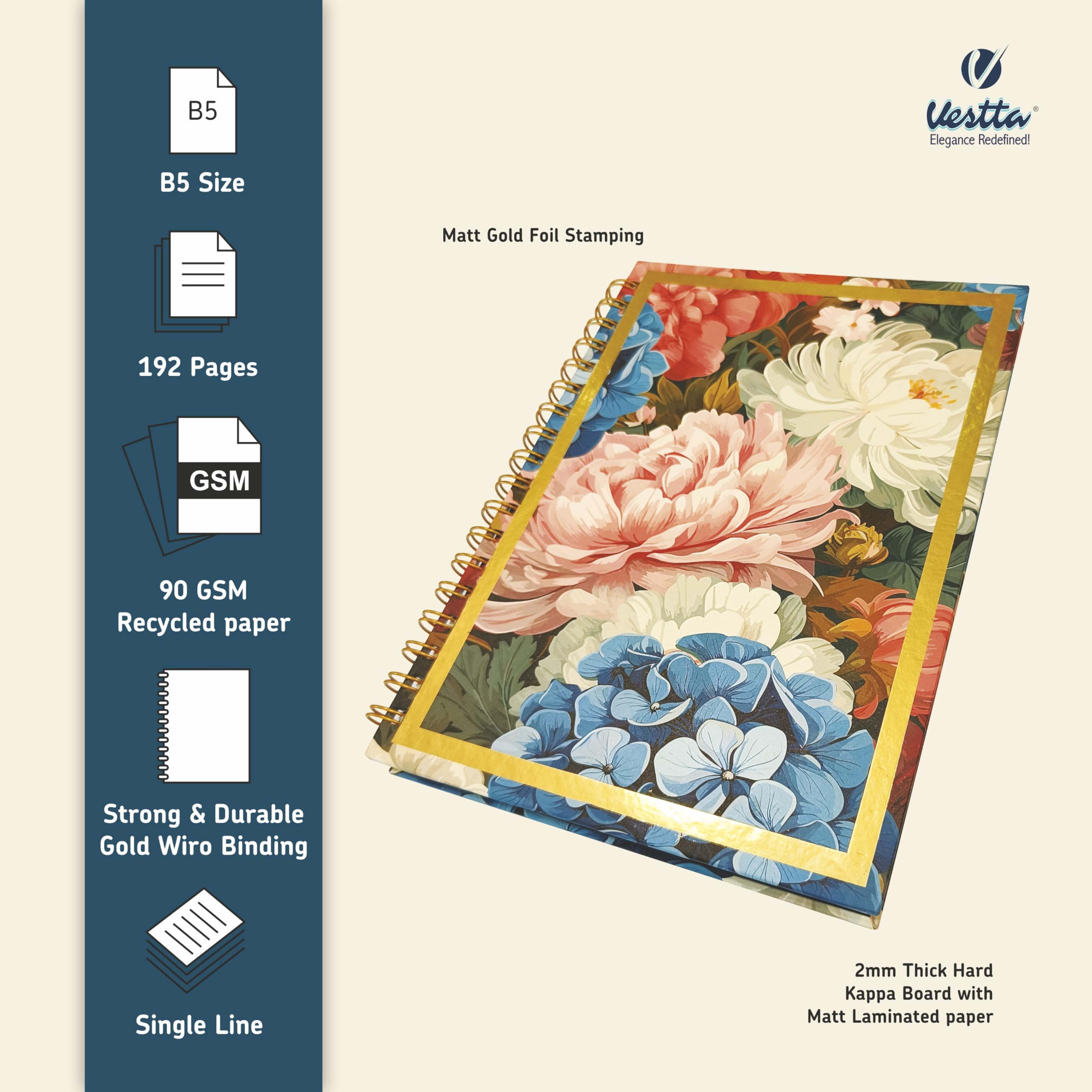 VESTTA -ELEGANCE REDEFINED, B5, Hard Bound Notebook Diary, 7(L) X 9.75 (H) Inches, Matt Lamination, Gold Wiro Binding, Undated, 90 GSM paper, 192 Ruled Pages (Vintage Botanical Floral Series4) 2