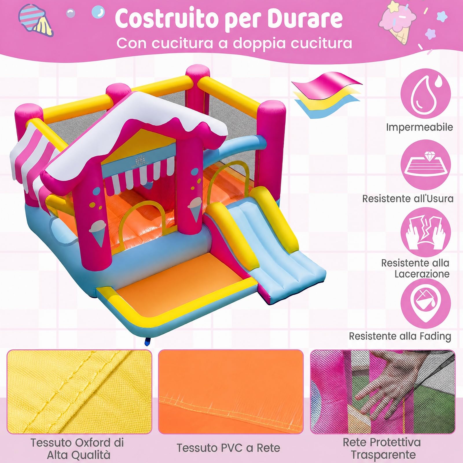 COSTWAY Castello Gonfiabile per Bambini 3-12 Anni | Casa Gonfiabile per Interno ed Esterno con Trampolino con Ostacolo, Scivolo, Piscina con 50 Palline, 7 Picchetti e Borsa