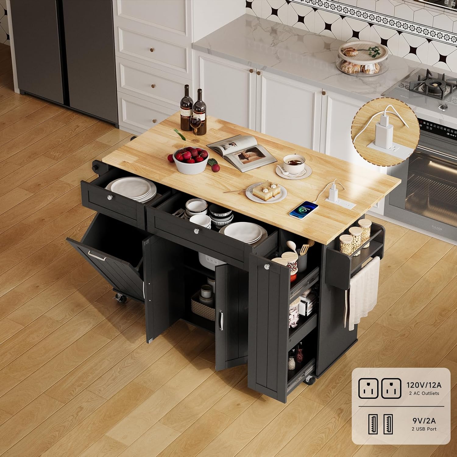 ONBRILL Kitchen Island with Storage, Island Table with Drop Leaf and Power Outlet, Kitchen Island on Wheels with Trash Cabinet, Spice Rack & Towel Rack, Black