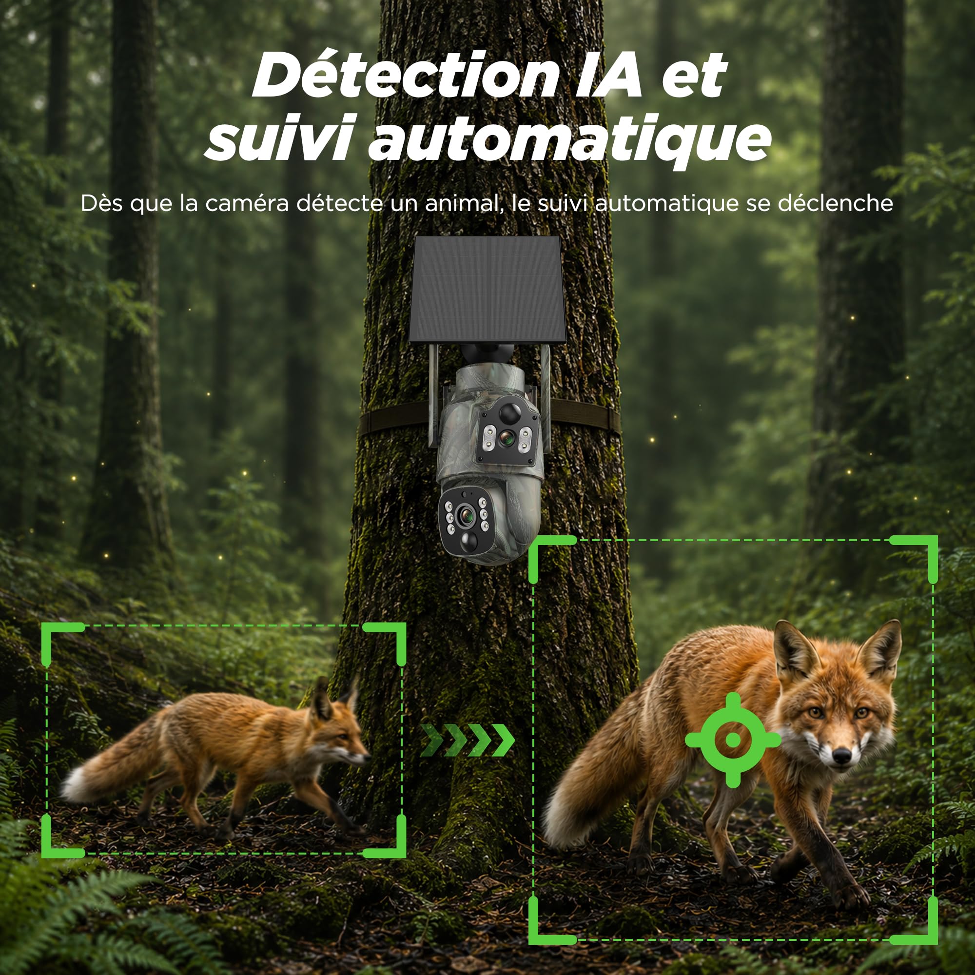 VOOPEAK Caméra de sécurité cellulaire 4G LTE, Double Objectif PTZ 360° avec Suivi Automatique, caméra Solaire sans Fil pour extérieur avec Carte SIM, Vision Nocturne Couleur 2K HD, étanchéité IP66