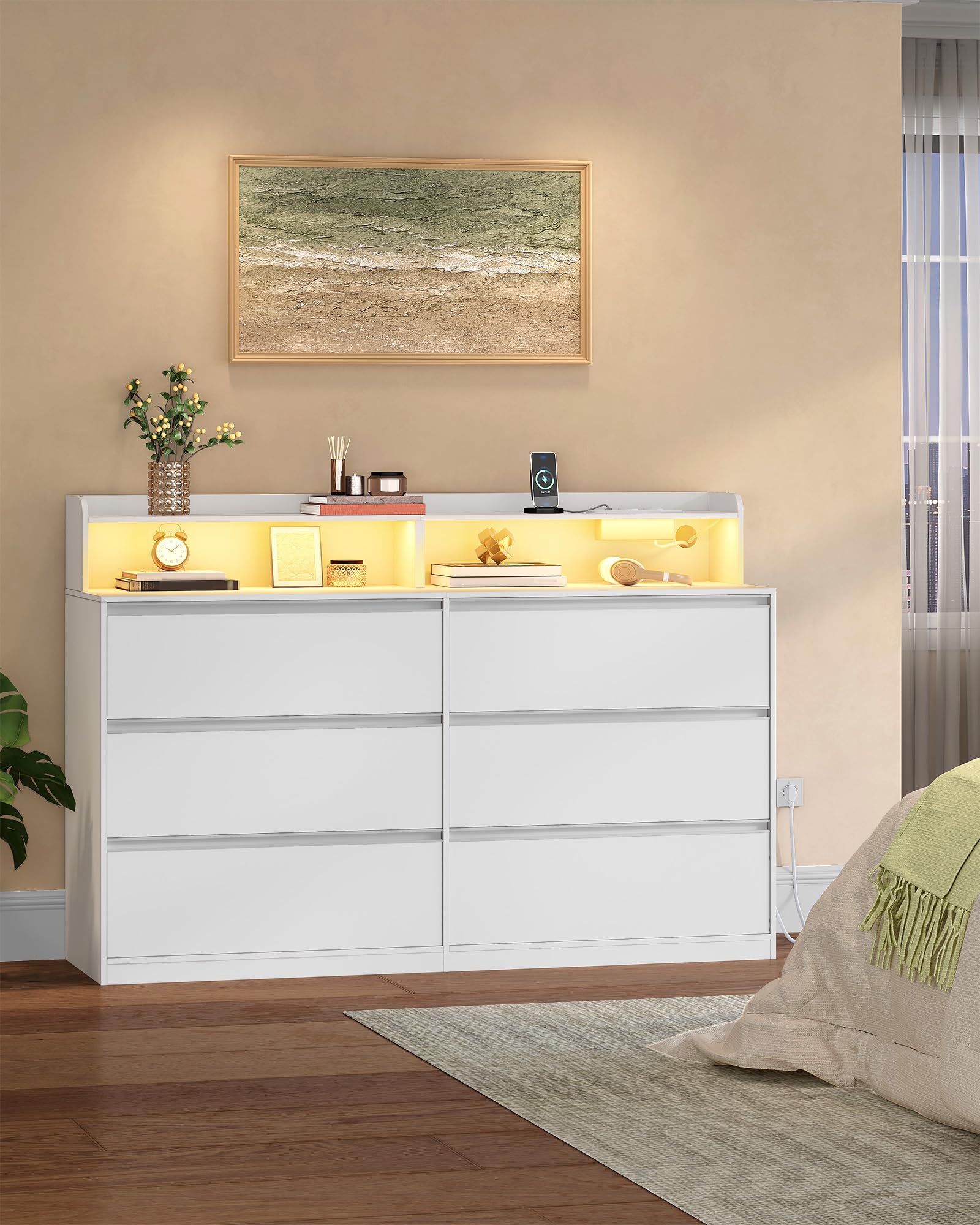 Hzuaner Cassettiera con LED e Presa Multipla, Mobile con Cassett, 6 Cassetti, Piano Superiore Portaoggetti sulla Cassettiera, per Camera da letto, Armadio e Ingresso 40 x 140 x 95 cm Bianco 1214003XEU