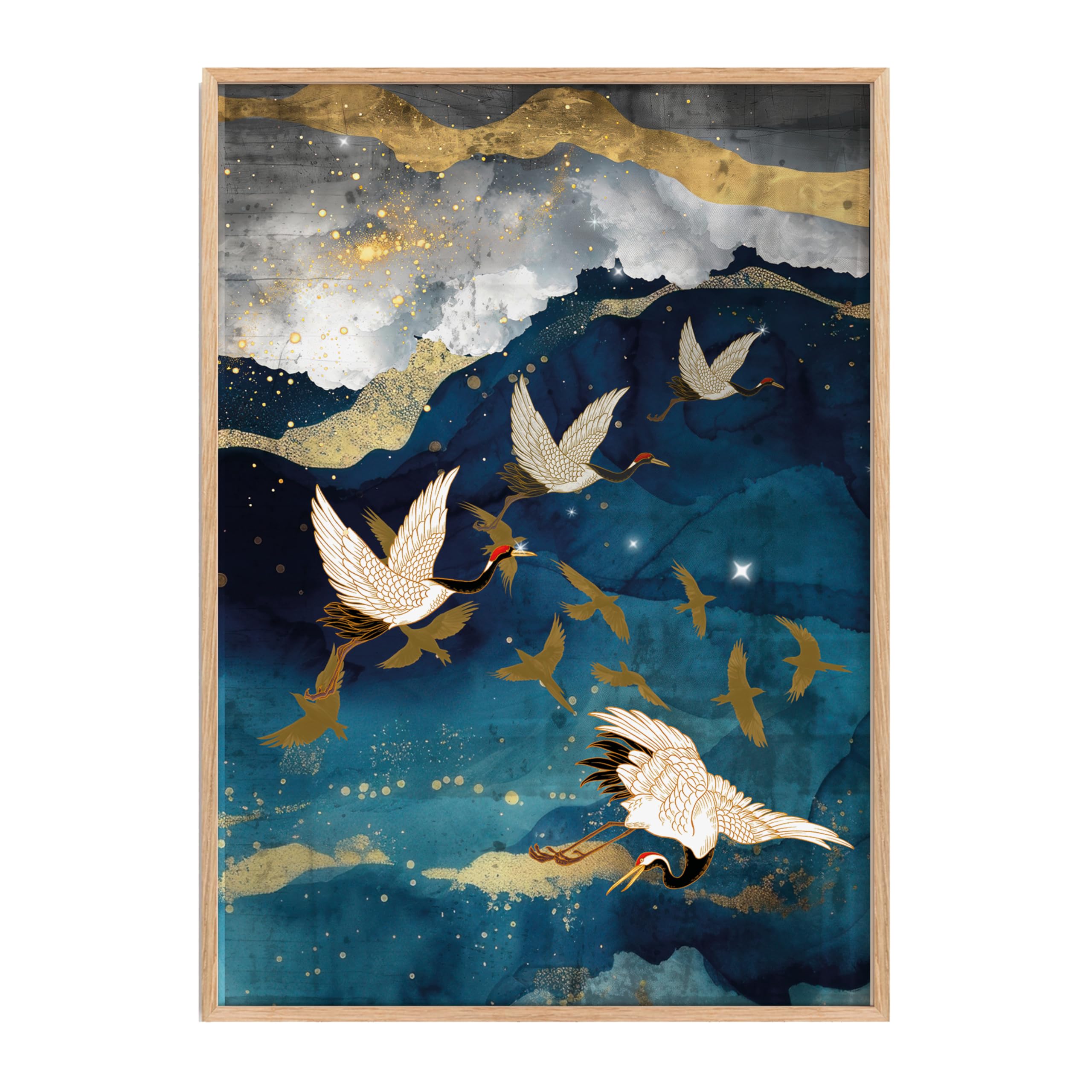 Made By Mika Ltd Navy Gold Cranes Vivid Navy Blue Turquoise Gold Foil Effect Japanese Style Cranes Wall Art Print In An Oak Effect Frame (, A4-21X29.7cm, Framed)