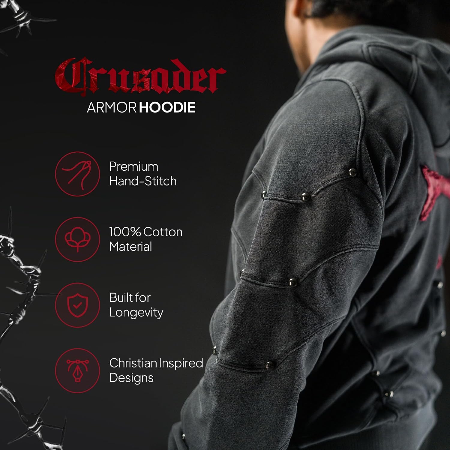 SAINT KAIZEN Crusader Armor Hoodie - 420 GSM Sweatshirt with Raw-Edge Patchwork Cross, Layered Sleeve Paneling, Acid Wash