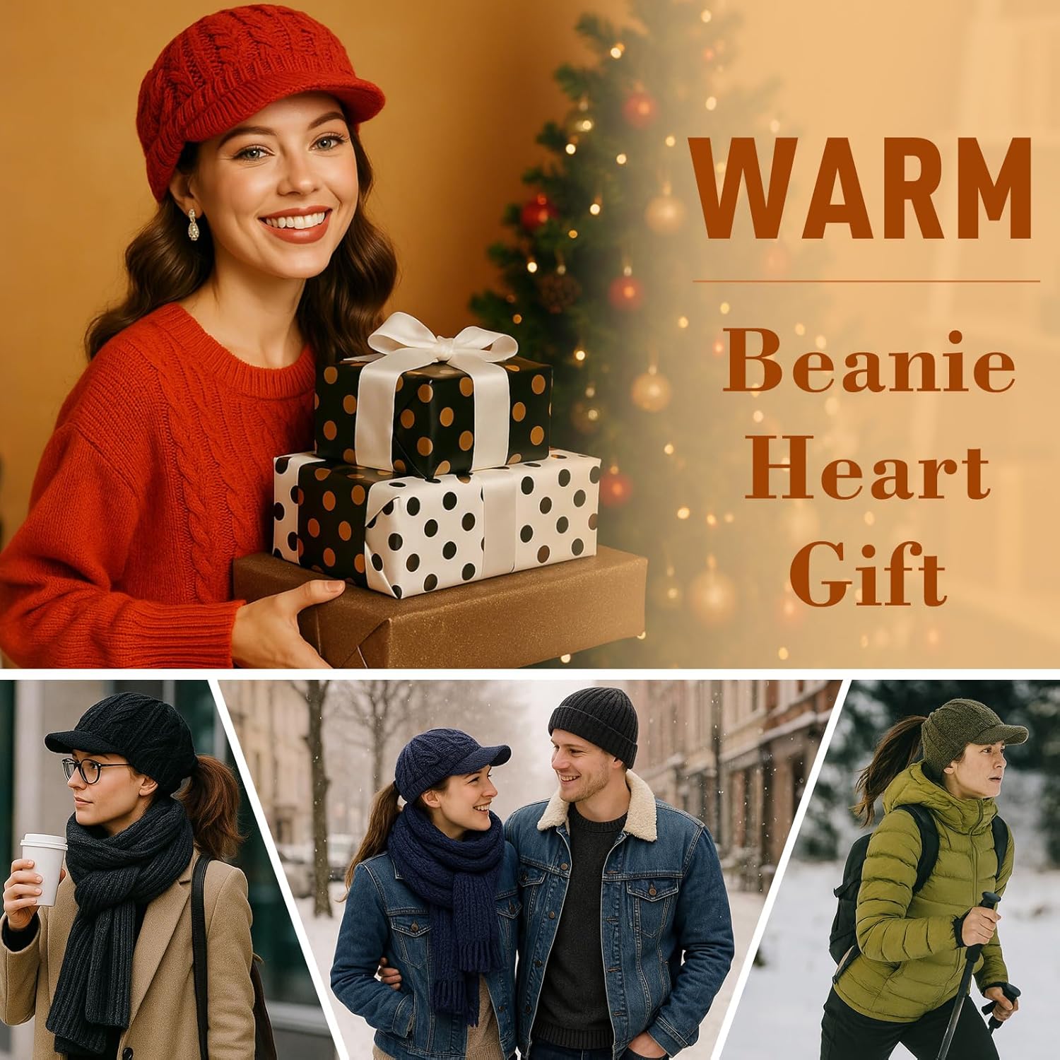 ChicPony™ Merino Wool Visor Ponytail Beanie with Brim Fleece Lined 3 Bun Openings Hole Warm Windproof Knit Cap Winter Hat - Image 6