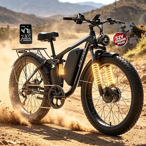 6000W Electric Bike for Adults, 52V 32AH Dual Motor E-Bike, Up to 100Mile & 45-50MPH All-Terrain Fat Tires Full Suspension 24/26 Inch Electric Bicycles Hydraulic Disc Brake for Road UL2849 by SGS