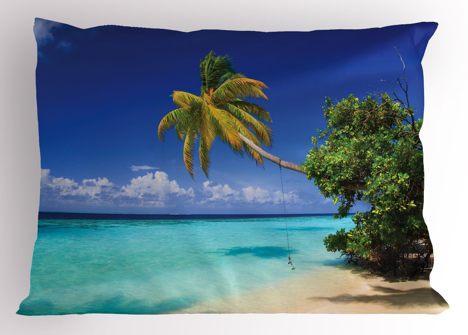 Ambesonne Tropic Pillow Sham, Sandy Beach Seashore with Palms and Ocean Island Hawaiian Sunny Image, Decorative Standard Size Printed Pillowcase, 26