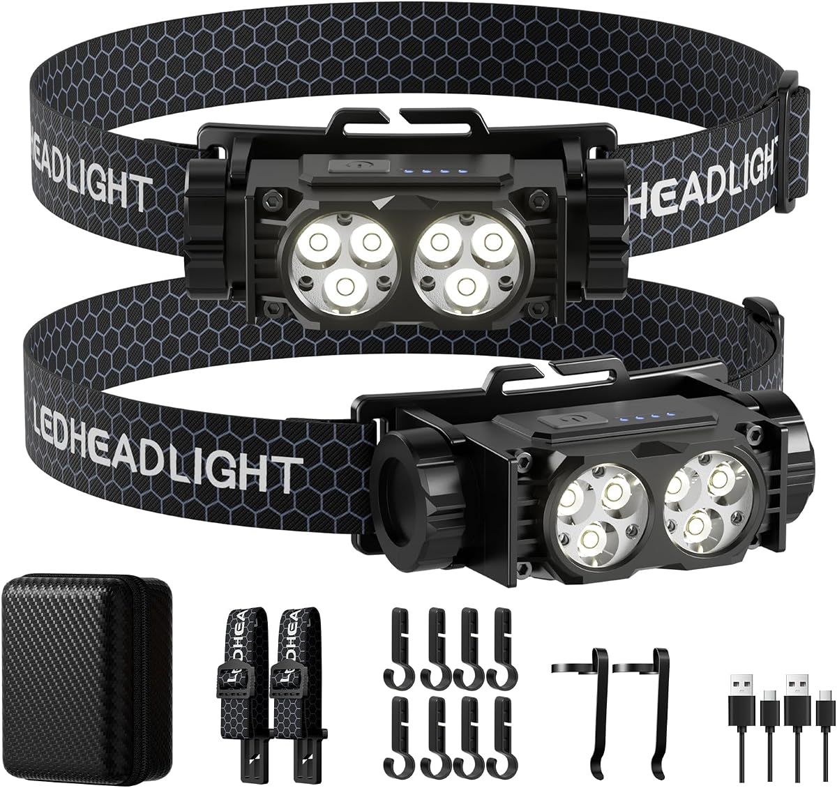 Linterna frontal recargable 2 piezas, luz superbrillante de 4500 L, faro LED recargable con luz blanca, lámpara frontal impermeable con diadema para acampar al aire libre, senderismo, elementos esenciales para acampar, trabajar