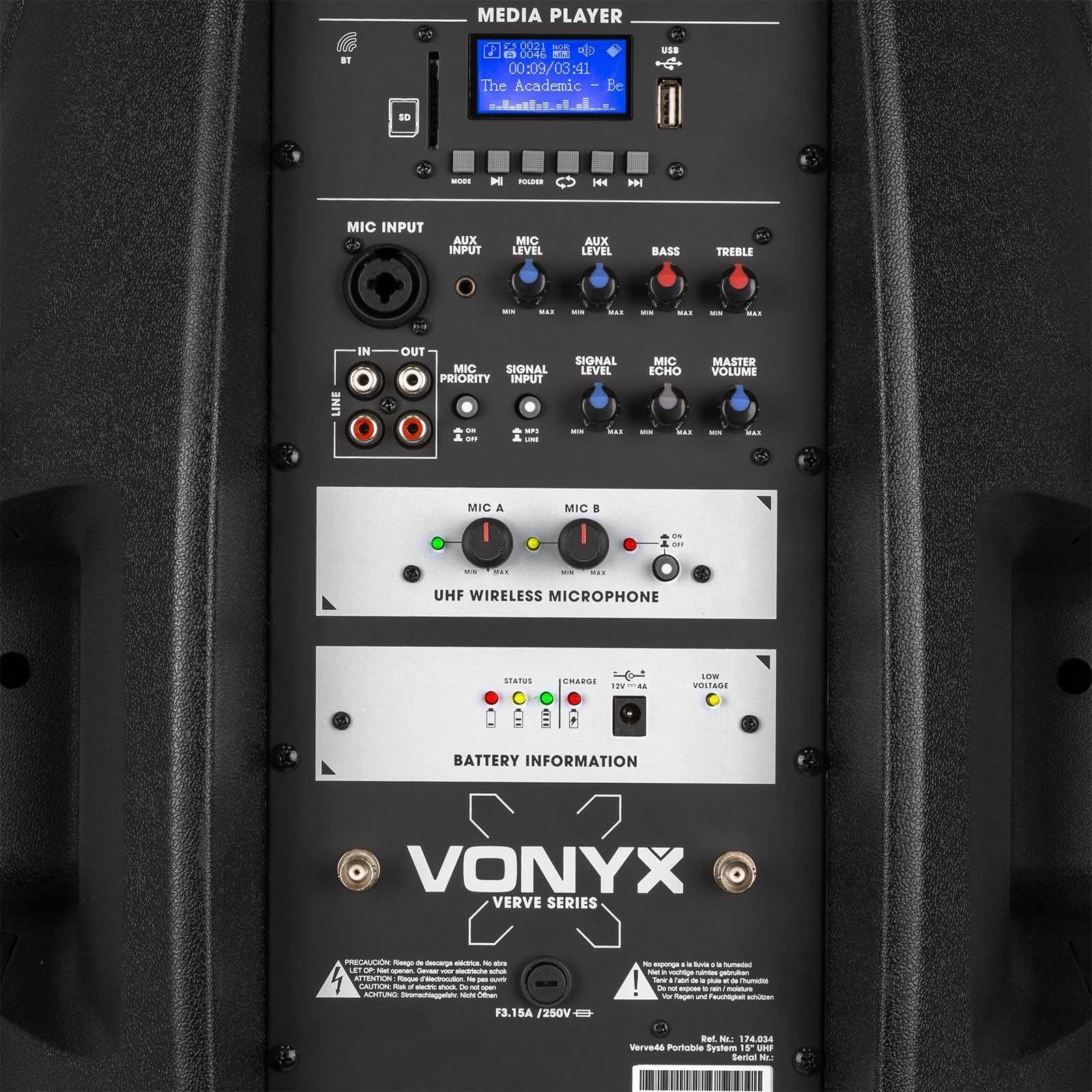 Vonyx Verve46, Akku Partybox Bluetooth Lautsprecher Groß, 1000W, 2 UHF Mikrofonen, MP3, Mobile PA Anlage Komplettset, Party Lautsprecher mit Fernbedienung - Schwarz