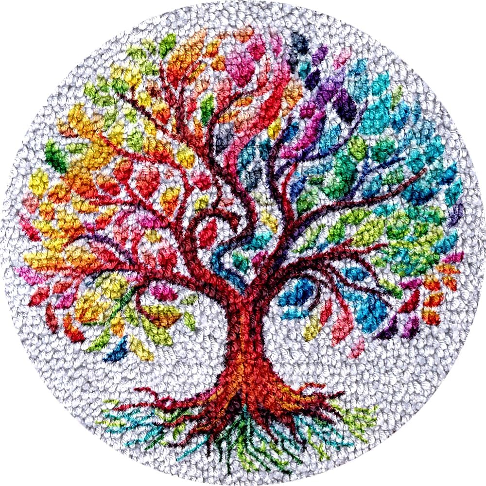 Colorful Tree Round Shape Latch Hook Kits Rug Color Printed Round Shape DIY Crochet Yarn Embroidery Needlework Hook and Latch Kit Carpet Cushion Home Christmas Decoration 50x50cm(1)