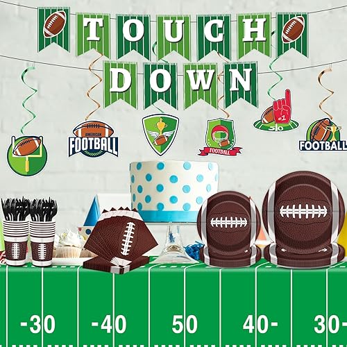 Miniatura 7 de Juego de 184 piezas de suministros para fiestas de fútbol, incluye platos, servilletas, vasos, mantel, remolinos, bandera, kit de vajilla para