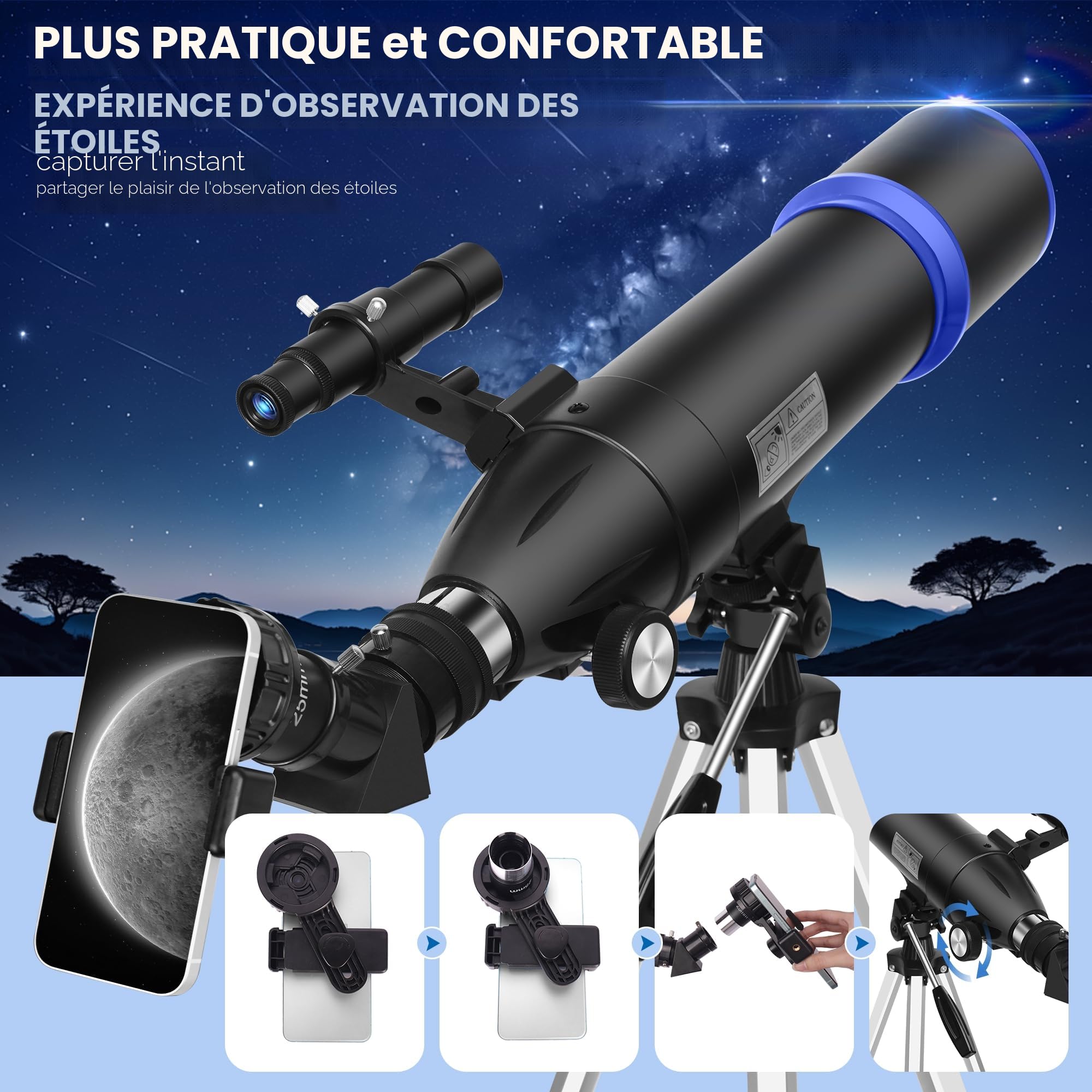 Télescope d'astronomie pour enfants&adultes débutants, 24x-180x, télescope réfracteur astronomique professionnel 80mm d'ouverture/600mm, télescope de voyage portable pour observation terrestre&lunaire