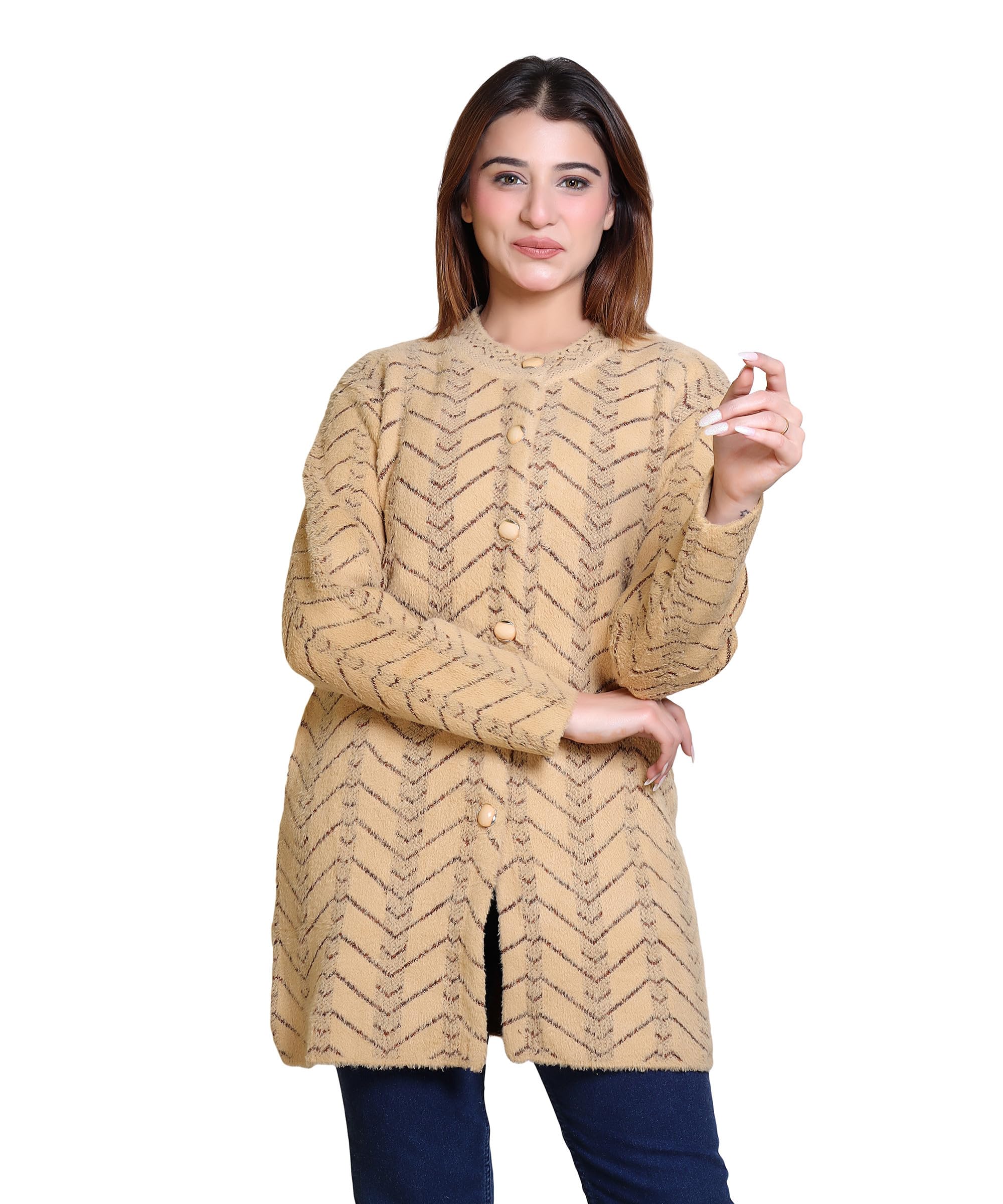 grand line Women'S Woolen/Acyrlic Regular Fit Winter Wear Warm Full Sleeve Knitted Cardigan/Sweaters Hair Yarn Long Coat Pullover Computer Knitted Jaquard Design | Size Suitable For L & XL | Offwhite-picture-16