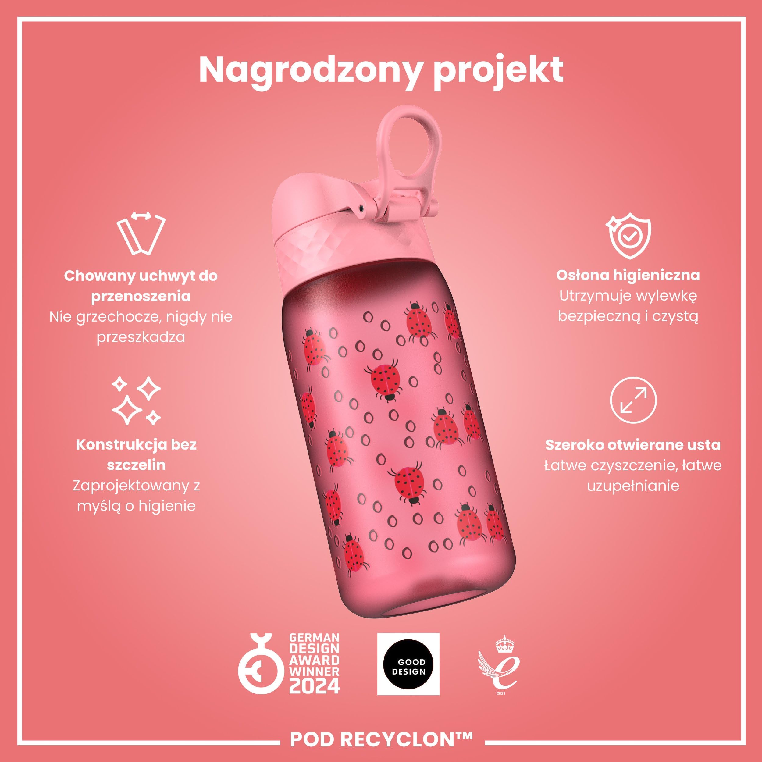 ION8 Butelka dla Dzieci, 350 ml/12 oz, Szczelna, Łatwa do Otwarcia, Bezpieczny Zamek, Można Myć w Zmywarce, Bez BPA, Uchwyt do Przenoszenia, Łatwa do Czyszczenia, Bezwonny, Biedronki