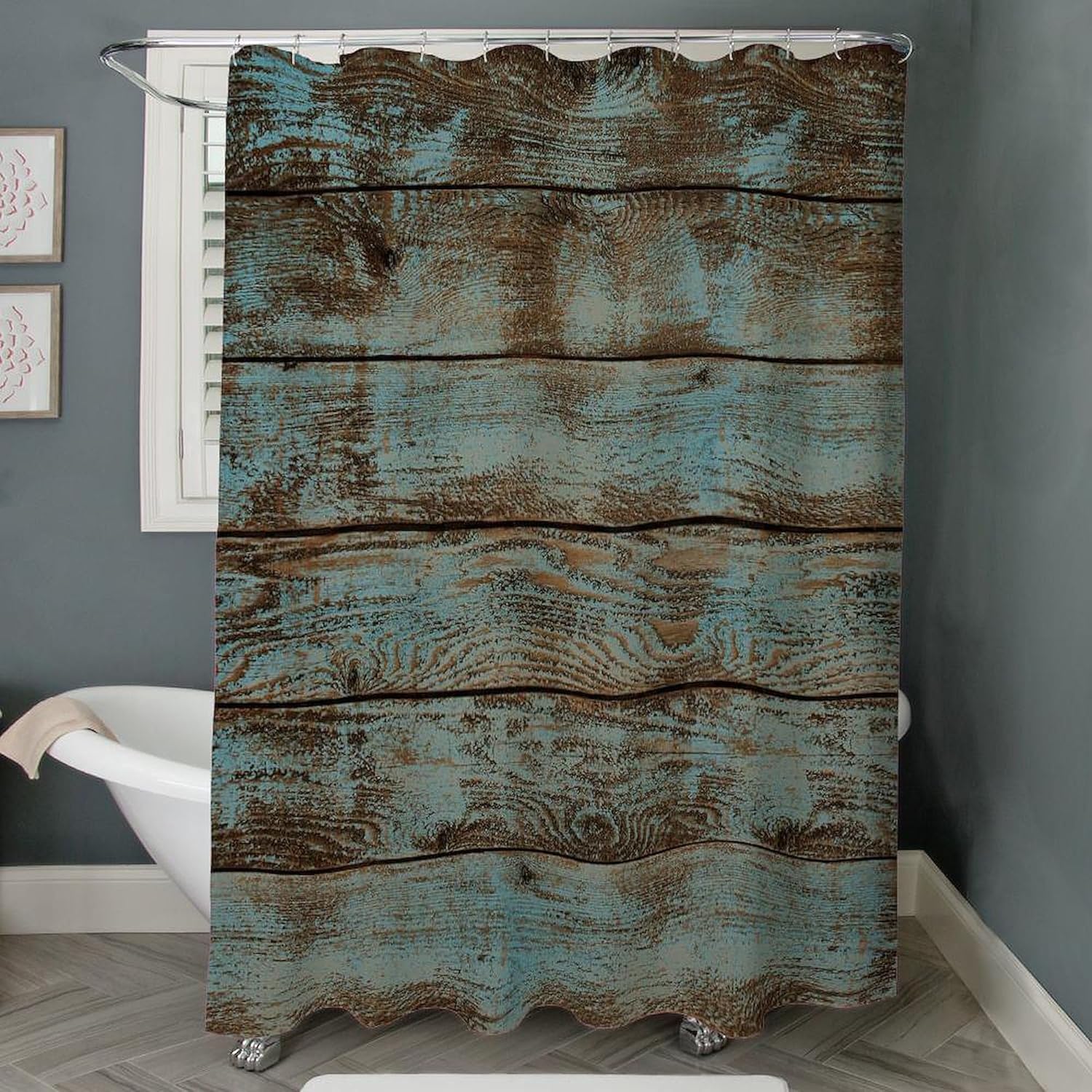 CafePress Rustic Western Turquoise Barn Wood Decorative Fabric Shower Curtain