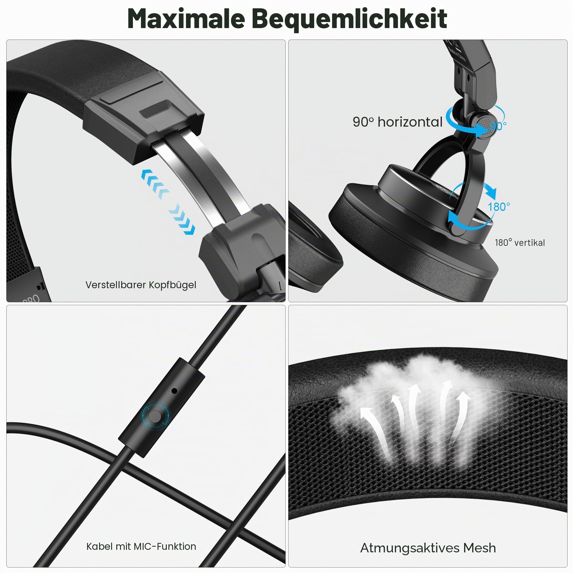 Ortizan Studio-Kopfhörer mit Kabel, Over-Ear, 50 mm, 3,5/6,35 mm | Geschlossene Bauweise, faltbares Design, 20 Hz–40 kHz, weiche Ohrpolster und ca. 270 g