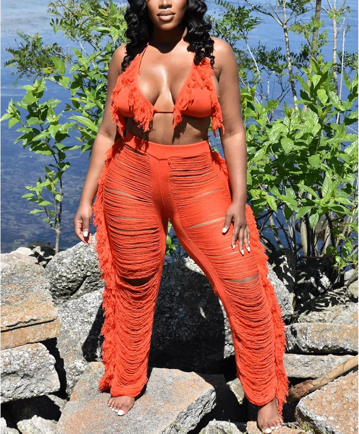 KANSOON Two Piece Sets for Women Sexy Crochet Outfits Halter Top Fringe Pants Summer Party Clubwear - Image 8