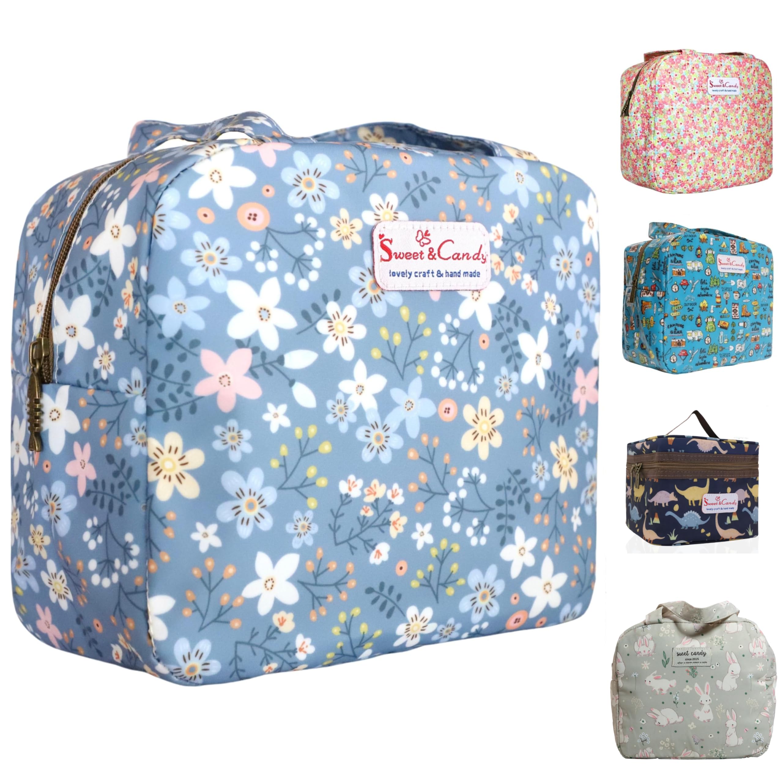 KLAPIA Bolsa Térmica Porta Alimentos Infantil. Nevera Pequeña para Oficina, Merienda y Almuerzo, Cole y Trabajo. Mantiene la Comida Fría o Caliente. Lancheira Lunch Bag Impermeable. (Blue_Flores)