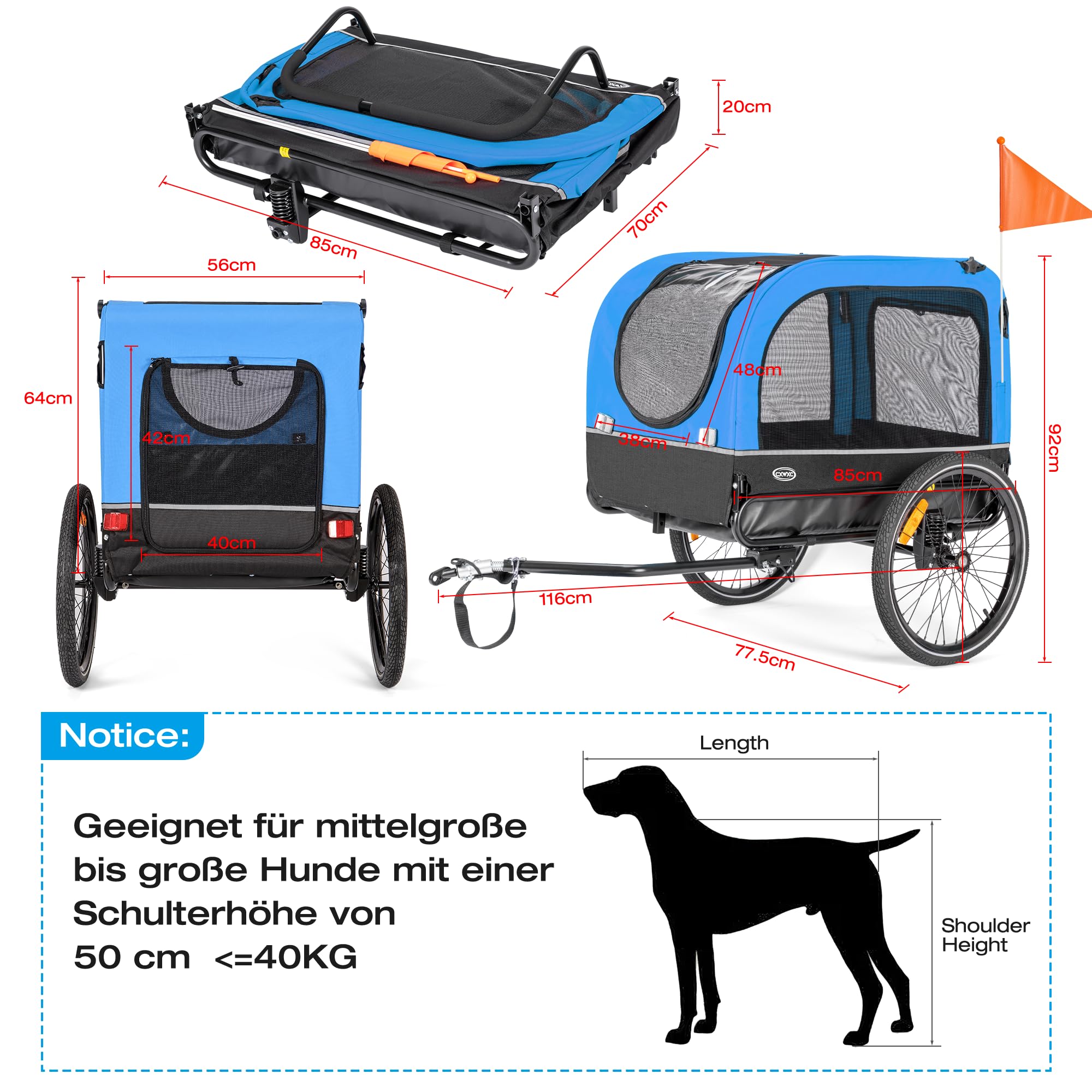 CXWXC Fahrradanhänger für Hunde 2 in 1 Fahrradanhänger & Jogger hundewagen mit Stoßdämpfer, Hundeanhänger Maximale Belastbarkeit 40KG/88LBS
