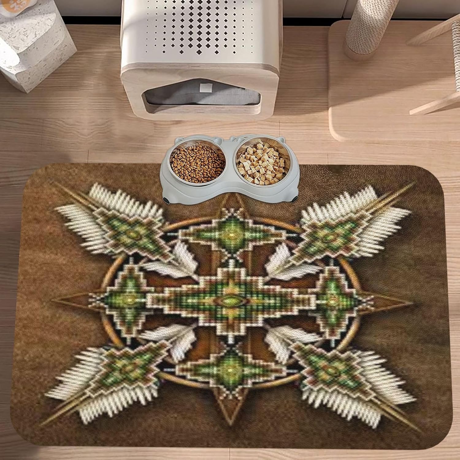 Native American Art Medicine Wheel Pet Feeding Mat-Absorbent Quick Dry Pet Cat Dog Food Mat Non Slip Waterproof Rubber Dish Placemat
