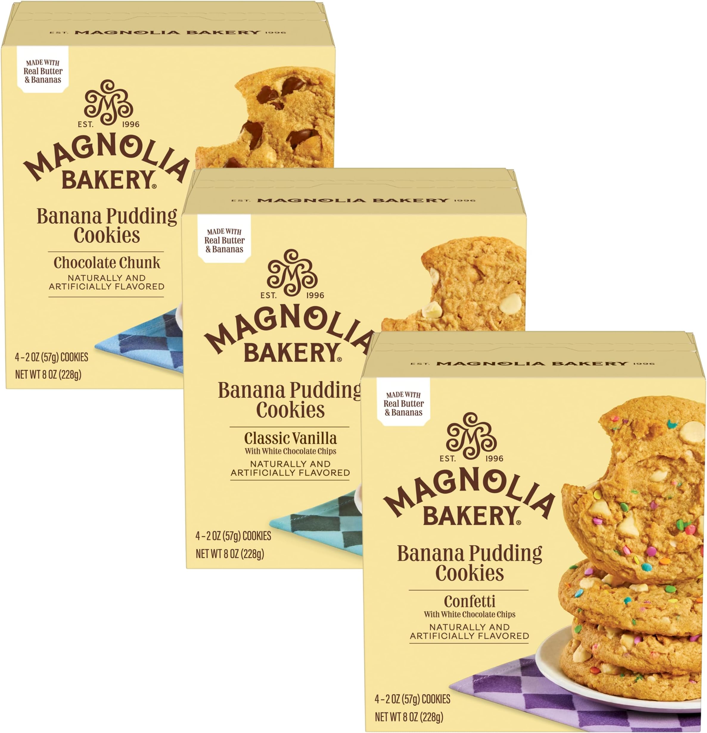Magnolia Bakery Banana Pudding Cookies Variety Trio, 2 Ounce (Pack of 12), Soft-Baked, Classic Vanilla, Chocolate Chunk, Confetti, Individually Wrapped, 3.0 Count