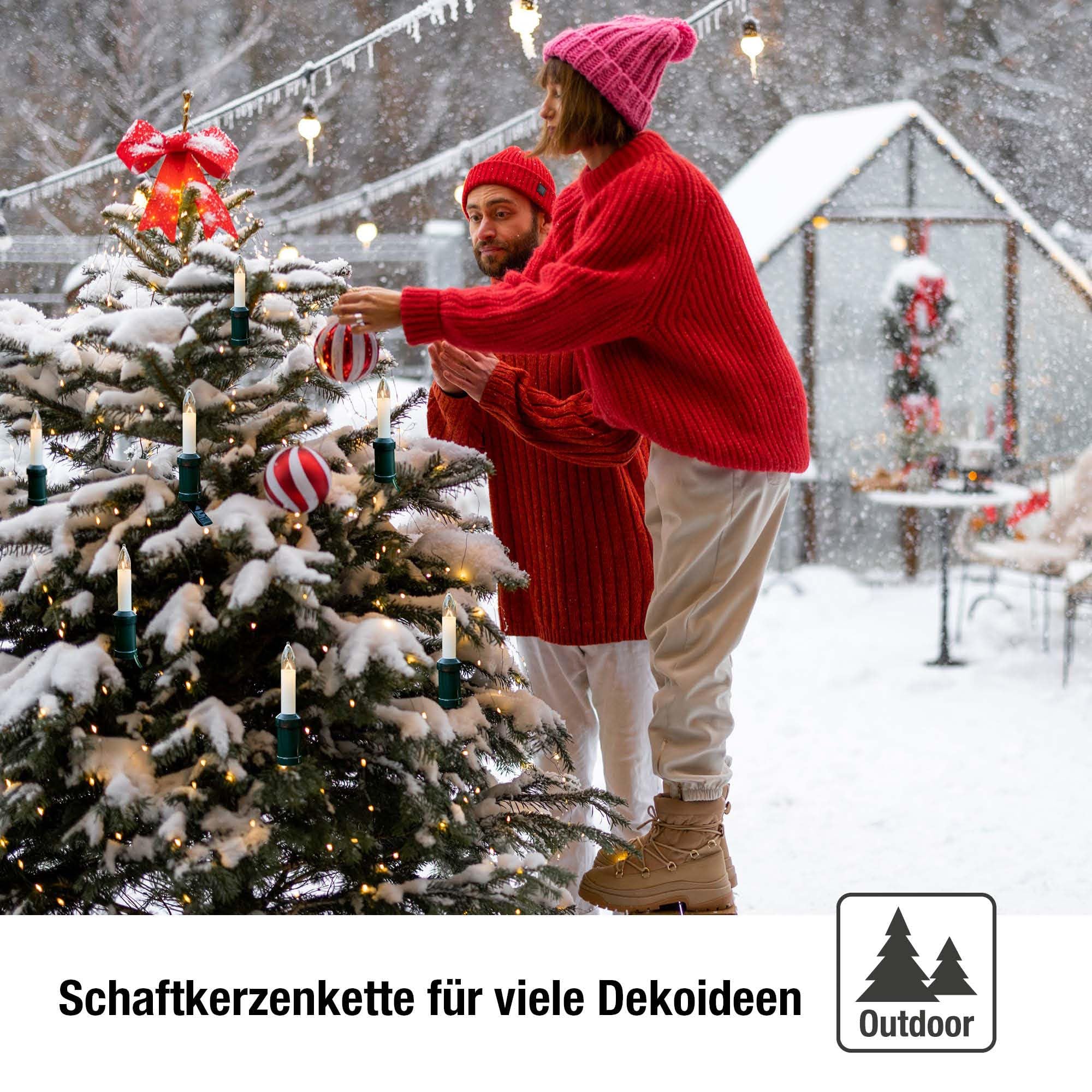 hellum Kerzen Lichterkette mit 20 Lichtern für außen, teilbarer Stecker | Made in Germany warmweiß, Kerzen Lichterkette mit Clip, 19m beleuchtet, Kabel schwarz, inkl. 3 Ersatzkerzen <59lm 430011