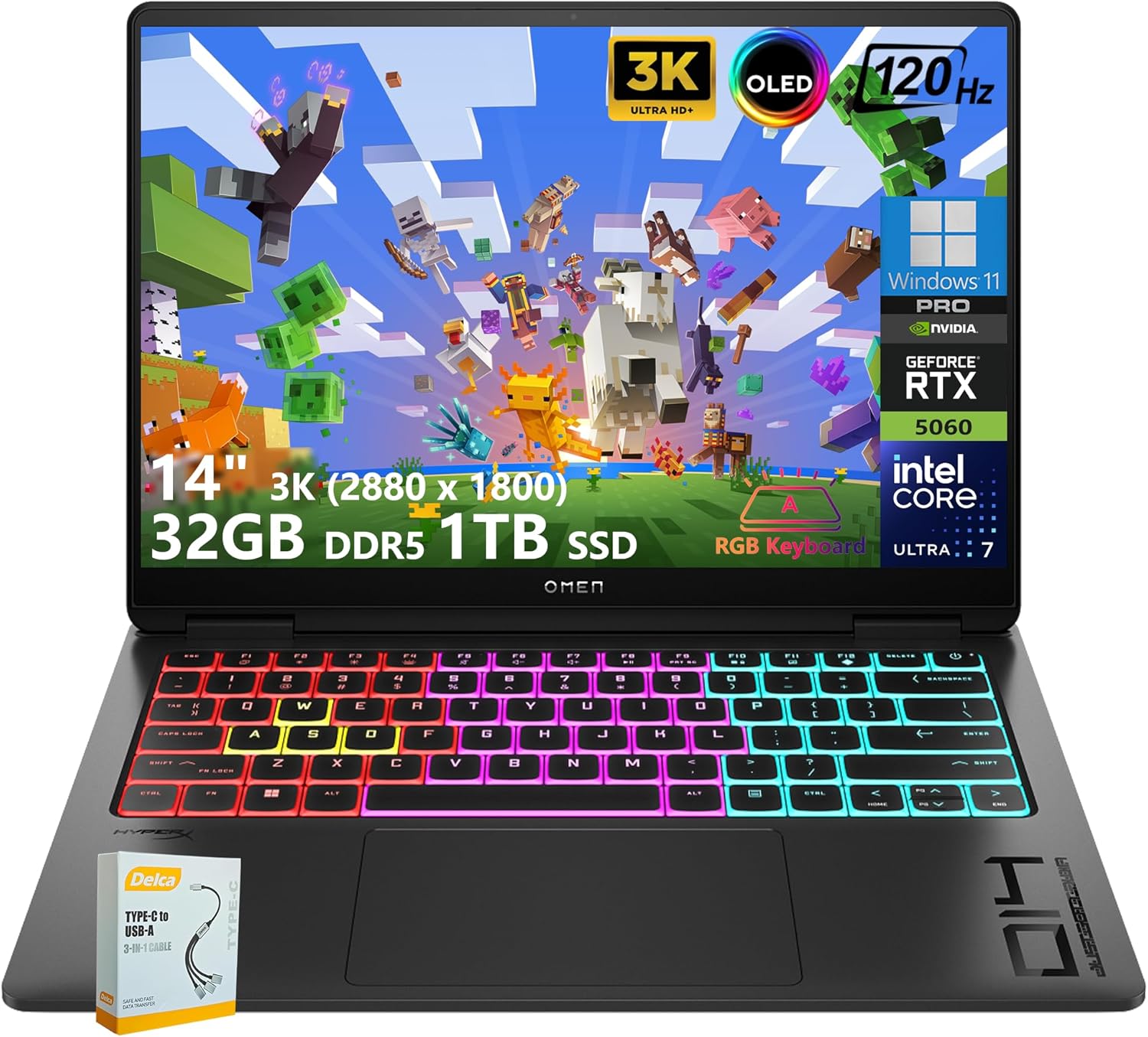 HP Omen 14 Transcend AI Gaming Laptop | 14″ 3K OLED 120Hz (100% DCI-P3)| Intel Core Ultra 7 255H | 32GB DDR5 1TB SSD | NVIDIA GeForce RTX 5060 | RGB Backlit Thunderbolt 4 Win11 Pro w/DLCA Accessory