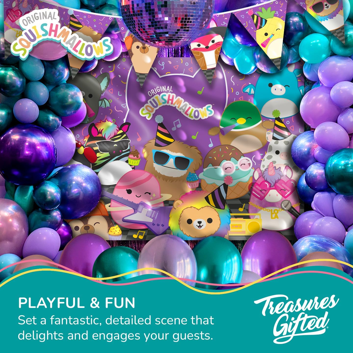 Treasures Gifted Officially Licensed Club Squishmallows Party Supplies - 4.3ft Tall x 6ft Wide Backdrop - Squishmallows Birthday Decorations - Silky Fabric Birthday Banner Backdrop