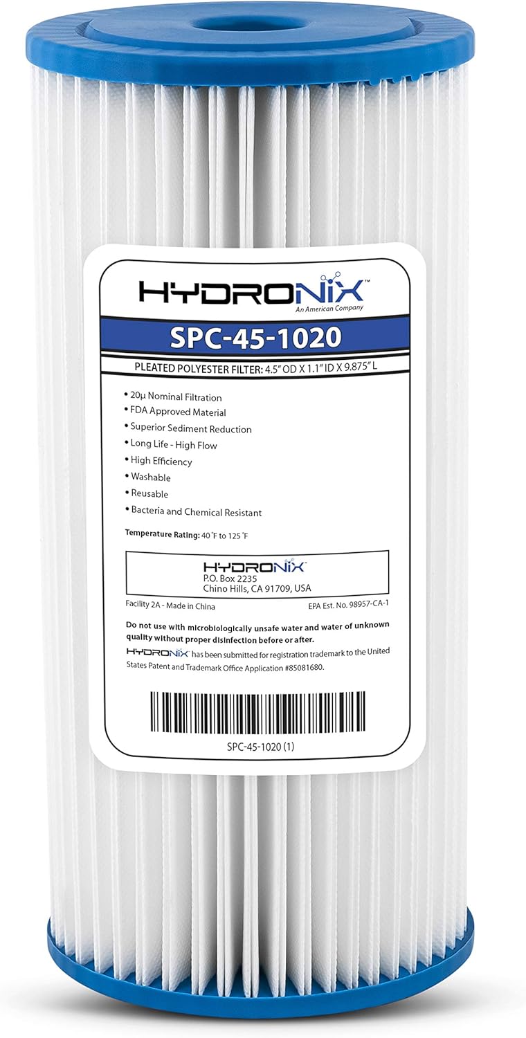 Hydronix SPC-45-1020 Universal Whole House Sediment Pleated Water Filter, Washable and Reusable, 4.5" x 10" - 20 Micron