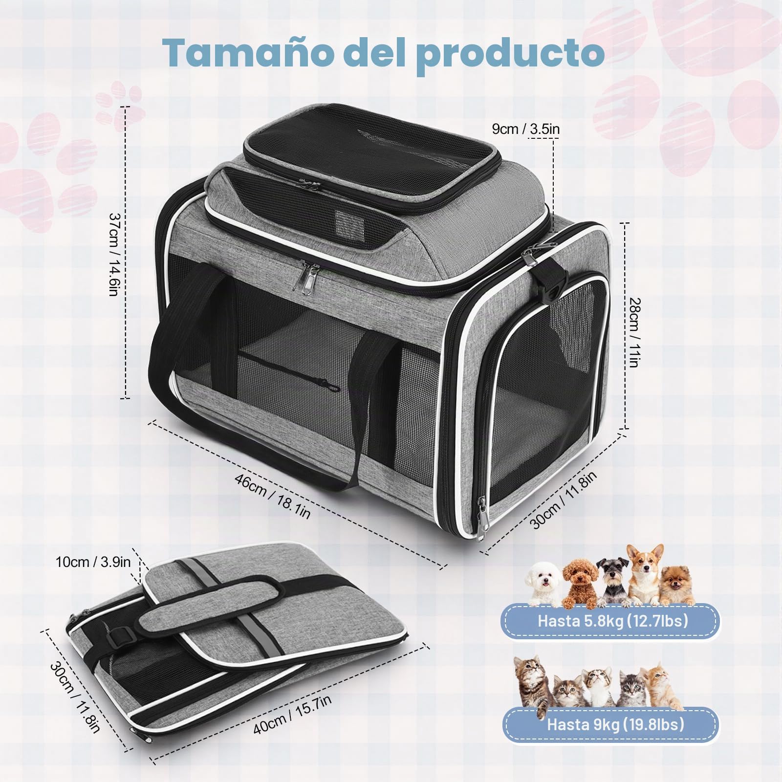 Transportín Perro y Gato Plegable, Gran Capacidad Transpirable con Colchón Suave, hasta 9 kg Gato / 5.8 kg Cane