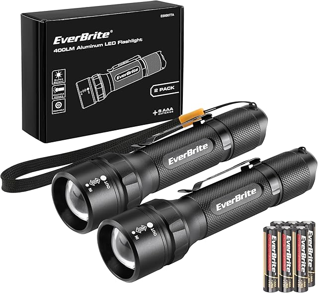 EverBrite latarka LED, super jasna, 2 szt., mała latarka kempingowa, lekka, regulowana ostrość, z możliwością zoomu, aluminiowa latarka, 4 tryby latarki na zewnątrz