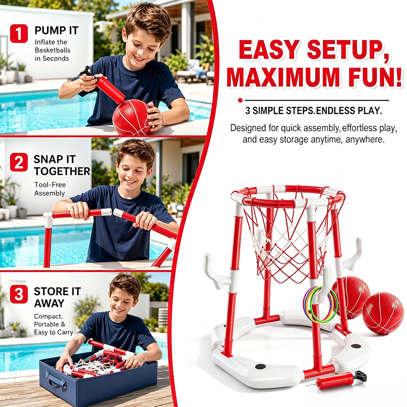 Yuragim Canasta de Baloncesto para Piscina, Juguete Inflable Flotante y Estacionario con 4 Pelotas, 12 Anillos de Lanzamiento, Red y Bomba, Ideal para Niños de 4 a 12 Años