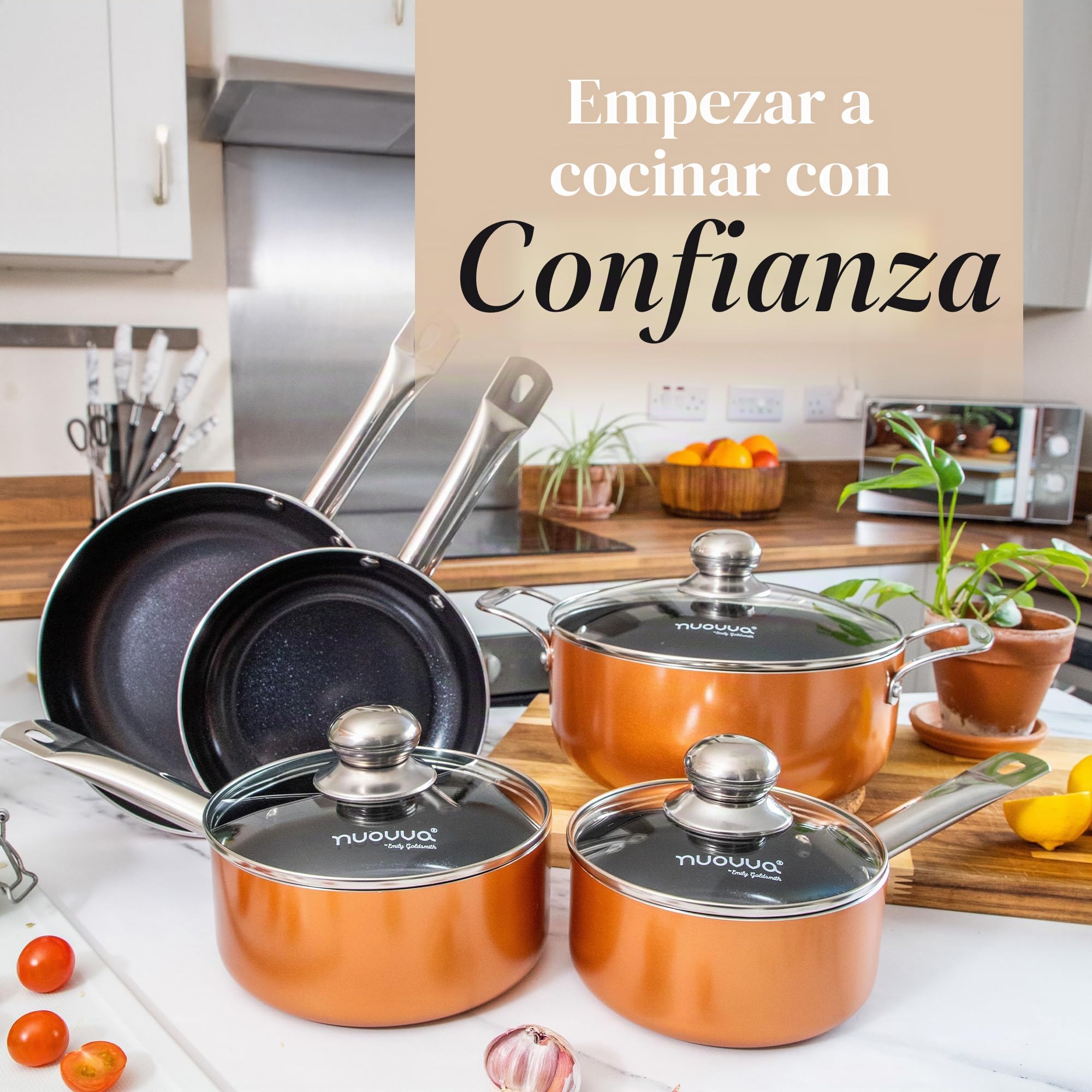 Juego de ollas y sartenes antiadherentes – Juego de ollas de inducción – 8 utensilios de cocina con tapas – Ollas de cobre y sartenes – por Nuovva