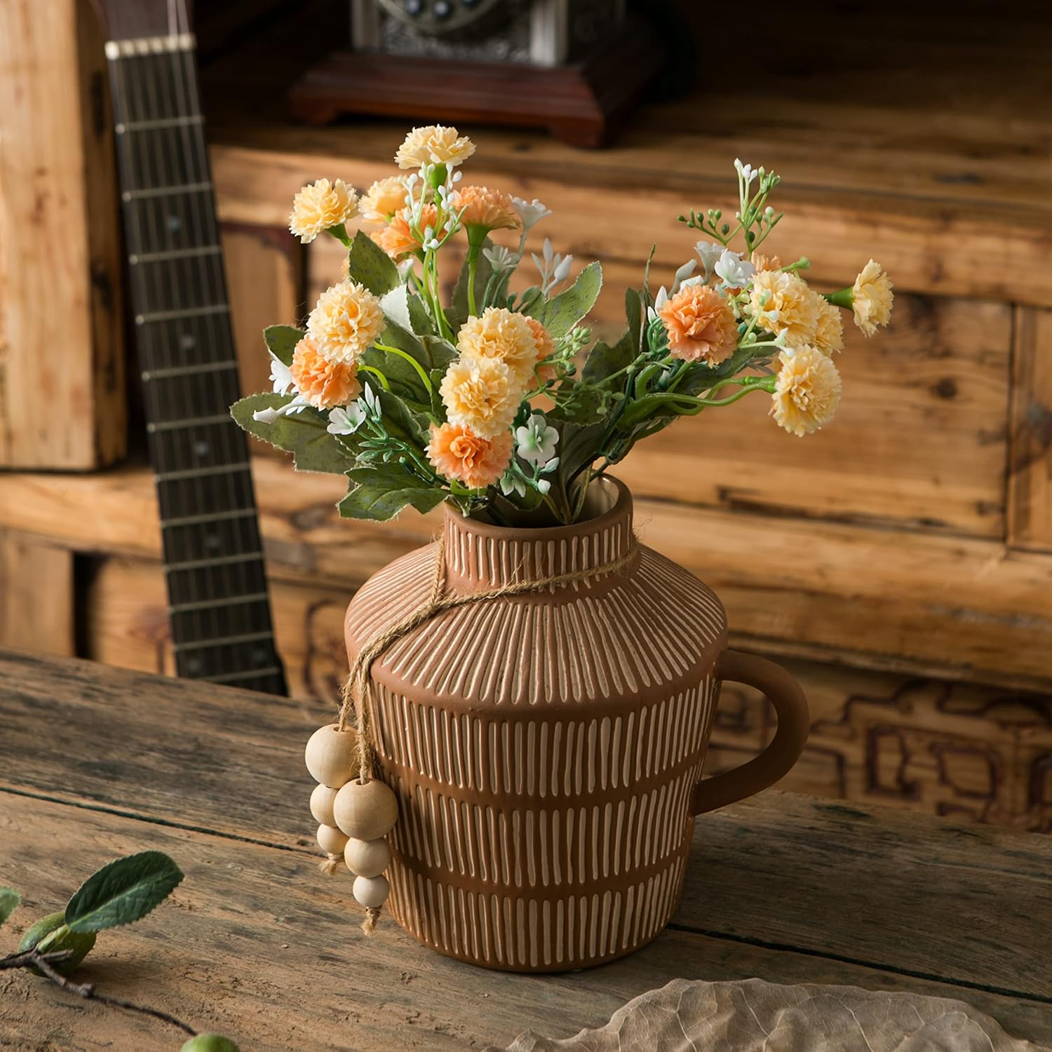 Mowtanco Rustic Farmhouse Vase with Handle and Boho Wooden Beads - Terracotta Vase with Vertical Stripes for Vintage Home Decor