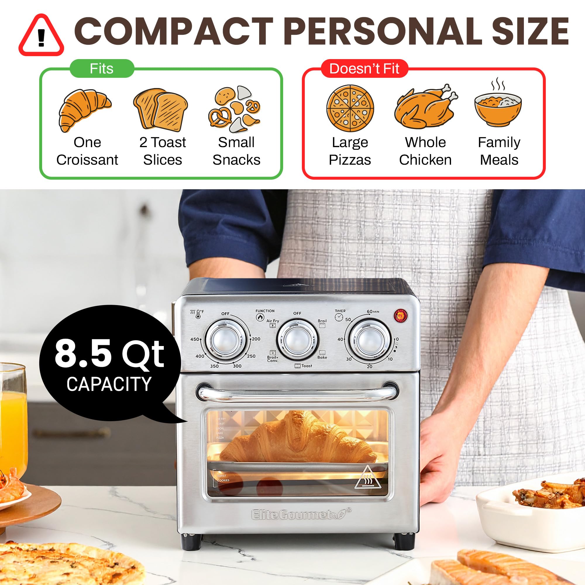 Elite Gourmet EAF0852SS 8.5Qt. Horno freidora de aire de capacidad, freír al aire, asar, tostar, hornear y asar con convección, controles de tiempo y temperatura, 800 vatios, incluye 25 deliciosas