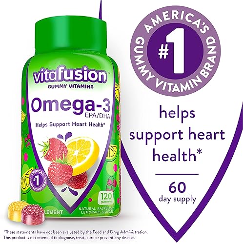Miniatura 6 de Vitafusion Suplemento de goma de magnesio, 60 unidades y vitaminas gomosas omega-3, sabor a limonada de bayas, vitaminas para la salud del corazón