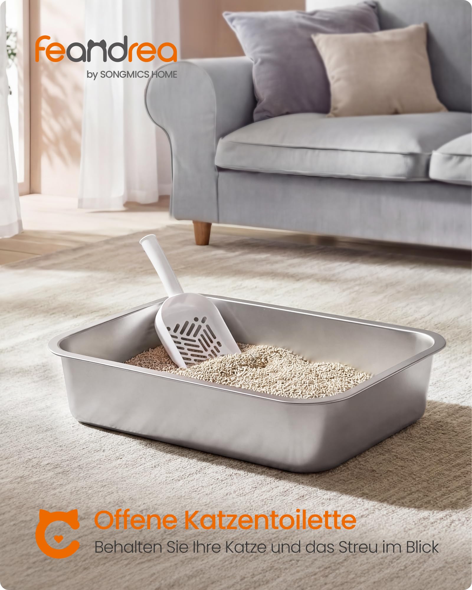 Feandrea Katzenklo Edelstahl, Katzentoilette offen, mit Schaufel, antihaftbeschichtet, geruchsfrei, leicht zu reinigen, M, 45 x 35 x 15 cm, für Kätzchen und kleine Katzen PPT014E101