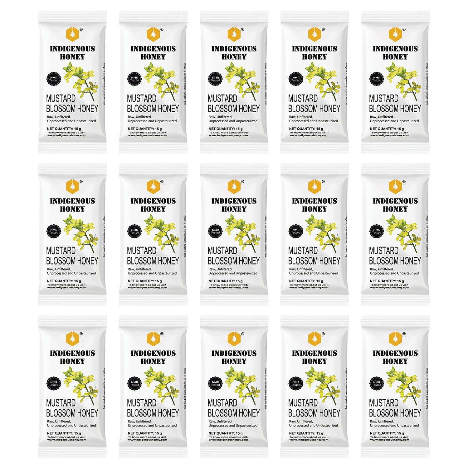 INDIGENOUS HONEY Natural Mustard Honey Organic Raw Pure Unprocessed Added Sugar Free NMR Tested Unpasteurized Unheated 15 Hygienic Sachets 15g Each Total 225g