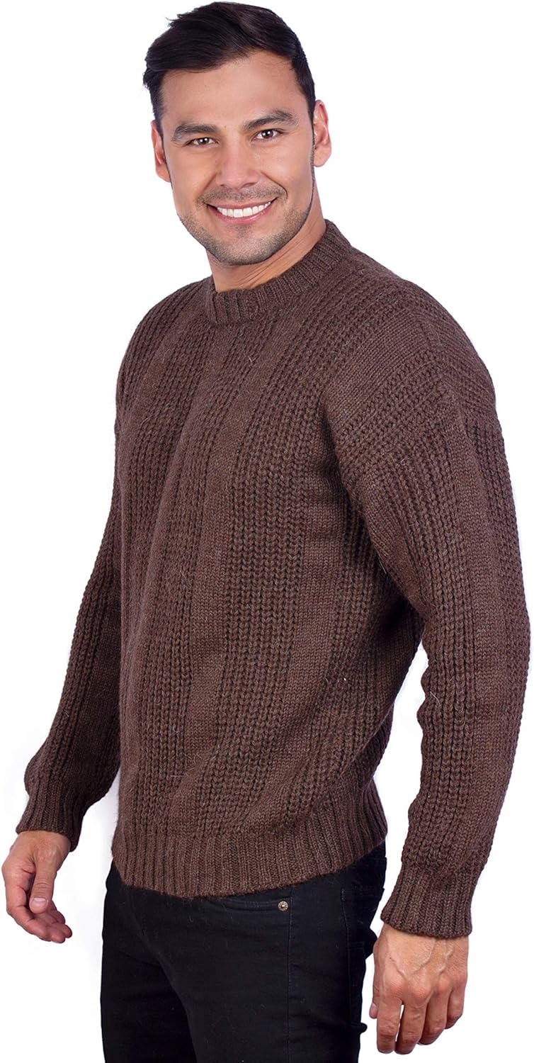 Men’s Hand Knit Long Sleeve Crewneck Brown Alpaca Sweater