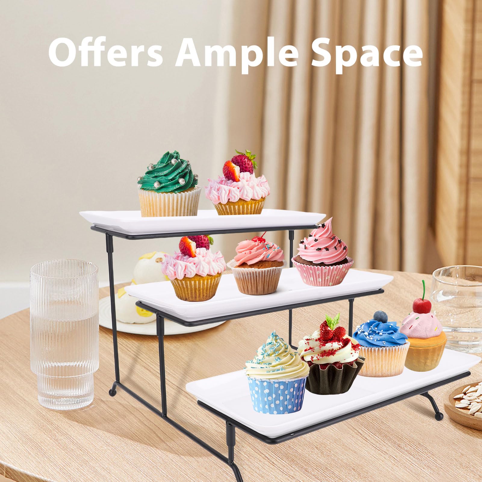 Soporte para servir de 3 niveles con bandejas de porcelana y marco de metal apilable, apto para lavavajillas, ideal para bodas, fiestas, hogar, comedor y decoración de gant