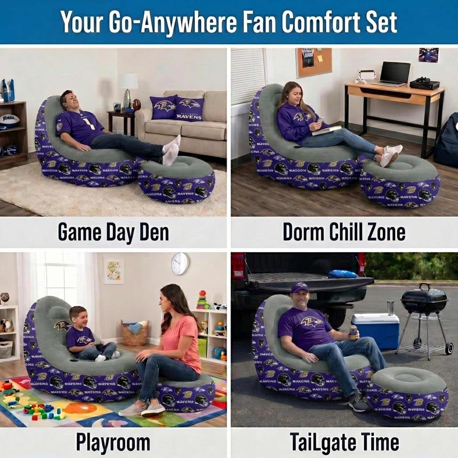 NFL Baltimore Ravens Tonal Logo Repeat Trim Inflatable Chair & Ottoman