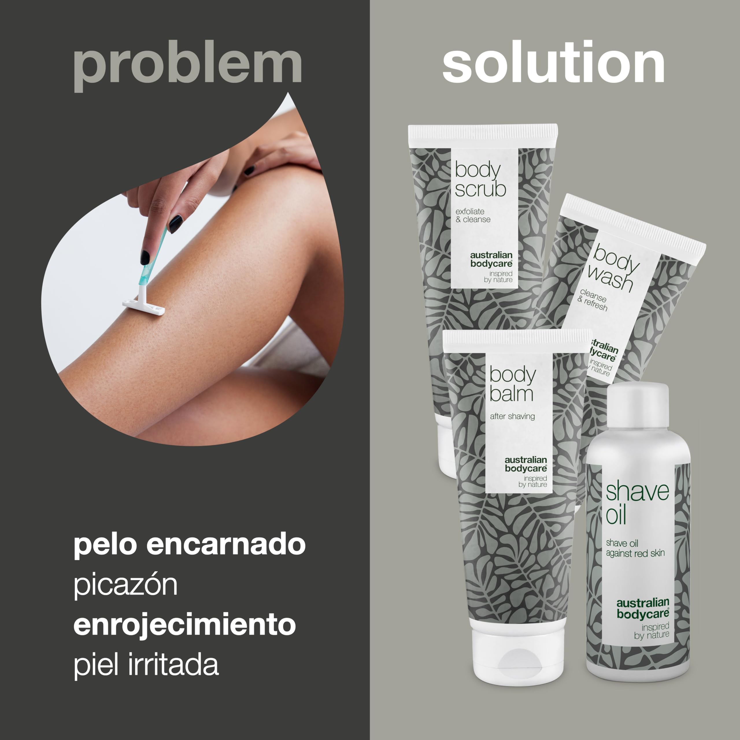 Kit de afeitado para todo el cuerpo - Set con gel de ducha, exfoliante, bálsamo y aceite de afeitado - Solución definitiva para un afeitado cómodo - Infundido con aceite de árbol de té