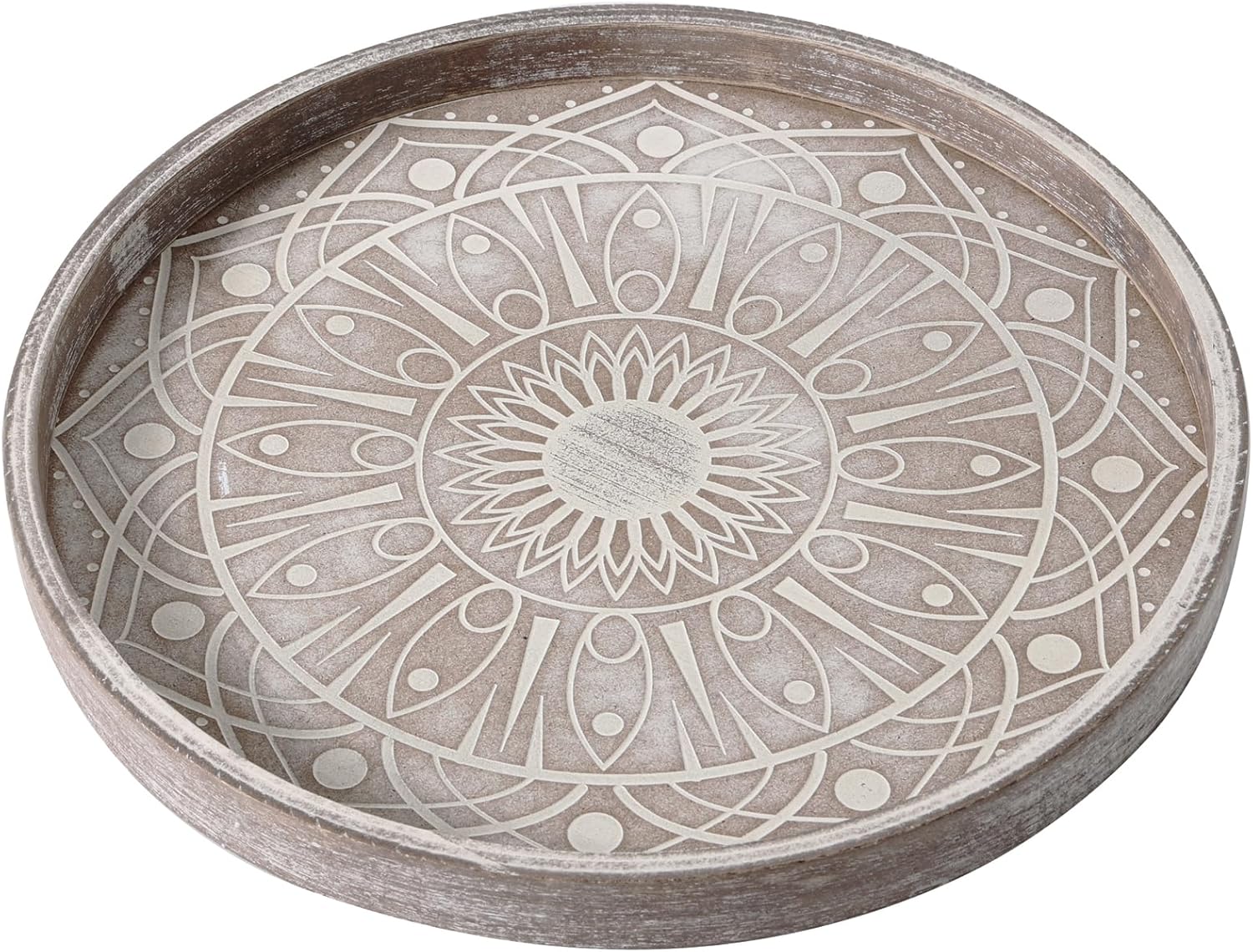LINKOVE 12" Boho Decorative Tray for Home Decor, Round Wood