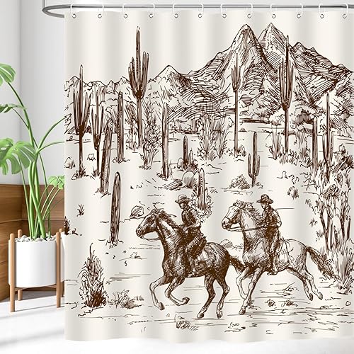 Miniatura 9 de Cortina de ducha de vaquero occidental, cactus, granja, campo, campo, salvaje, oeste, vaquero, caballo en el desierto, dibujado a mano, decoración