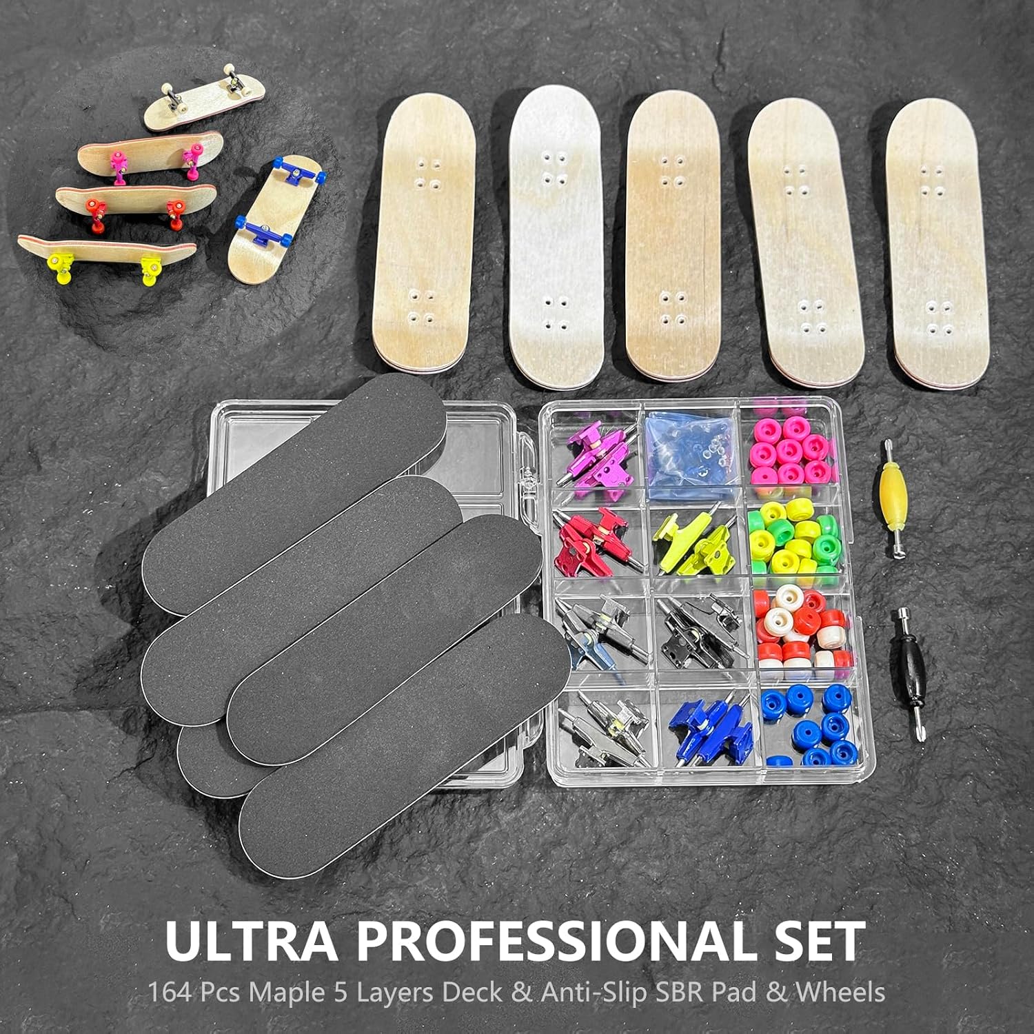 Premium Wooden Fingerboard Deck - Includes Prolific Foam Tape & Multicolour Wheels, The Classic - 30mm x 100mm - Pre-Drilled Holes Size (164PCS Finger Skateboard DIY Set)