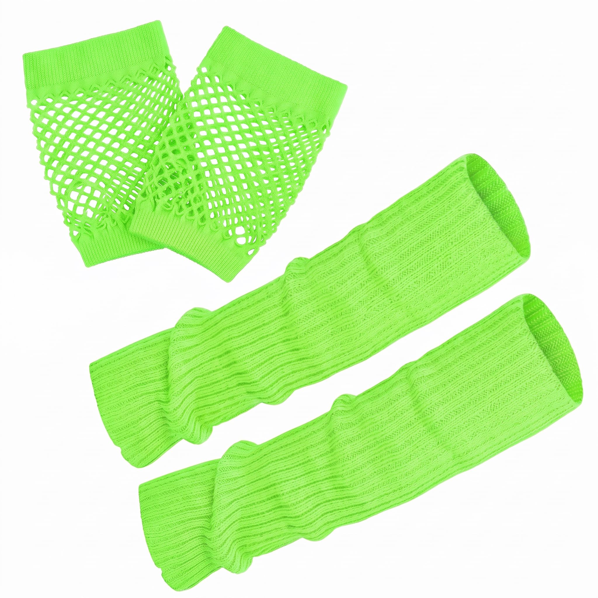 Neon Green Leg Warmers 80s for Women,80's Costume Neon Accessories Fancy Dress Set,1980s Retro Leg Warmer Mesh Fishnet Gloves Neon Party Outfit,Disco Theme Stretchy Legwarmer Costumes for Girls Kids