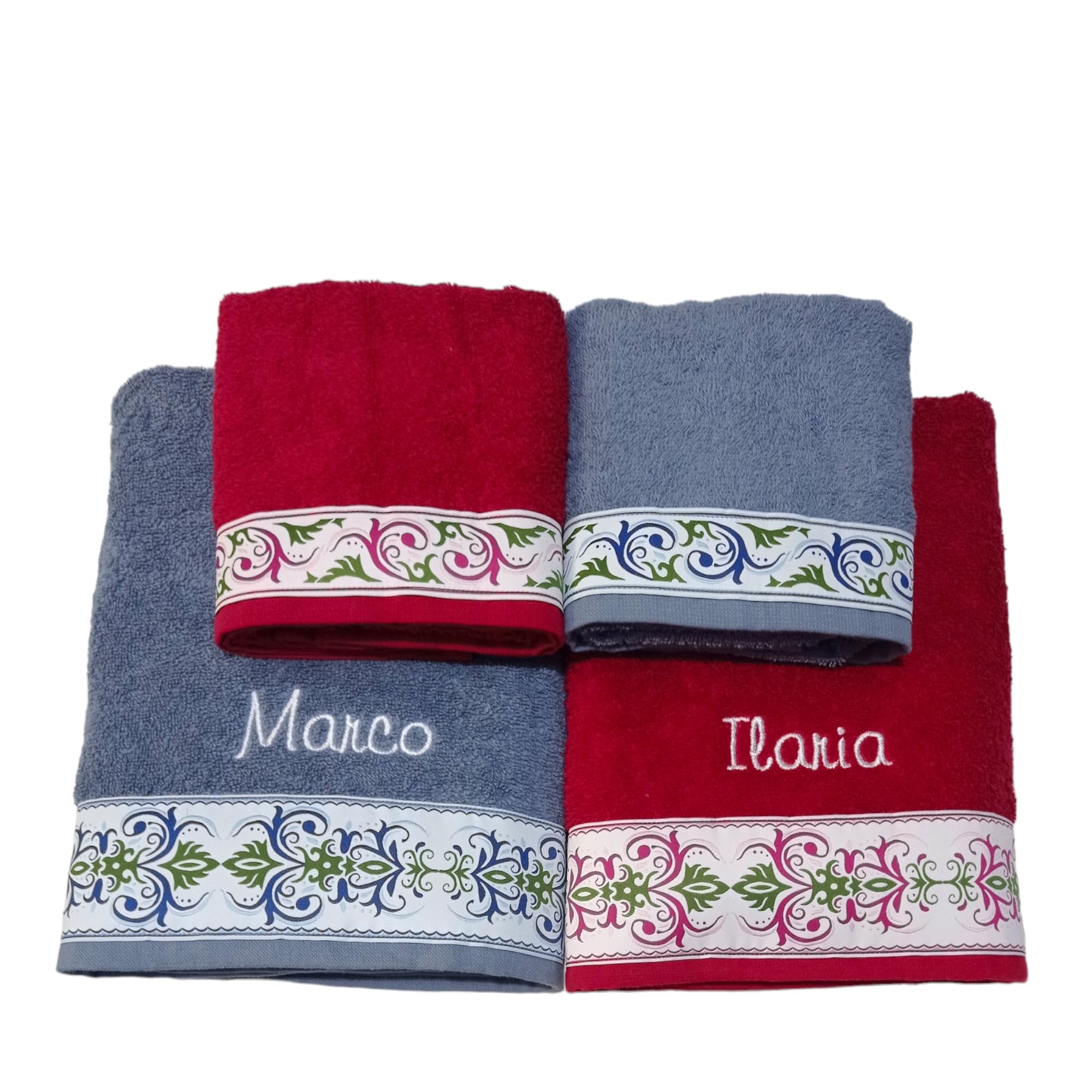 Confezione regalo asciugamani personalizzati, idea regalo per coppia. 4 asciugamani bagno con nastro jacquard e nome ricamato. (Rosso/Azzurro, Jacquard)